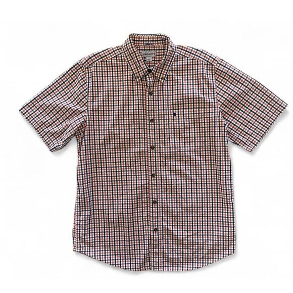Men’s Carhartt Orange And Navy Plaid Casual Button-up Shirt Sleeve Shirt Size L - Picture 1 of 4